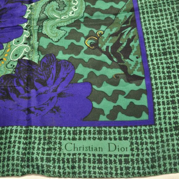 VTG Christian Dior Echarpes Scarf Floral Paisley Purple Green 100% Silk Square - Picture 2 of 8